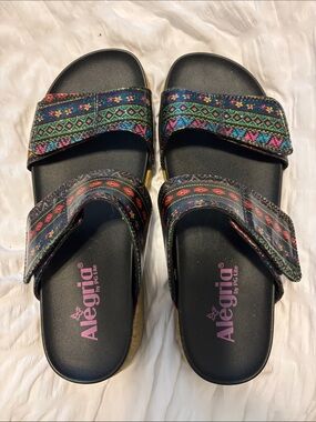 Alegria Women's Black Slide Sandals with Multicolor Patterned Straps